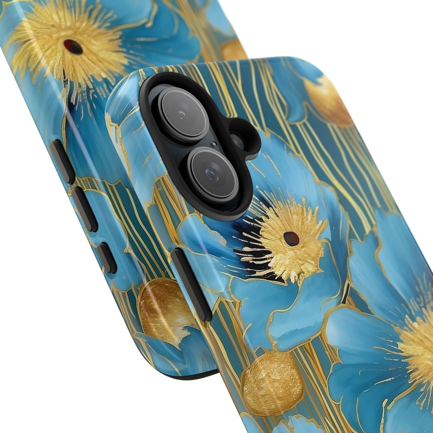 Blue Poppy iPhone 16 Case – Elegant Gold Accent Botanical Design for iPhone 16, 16 Pro, 16 Pro Max & 16 Plus