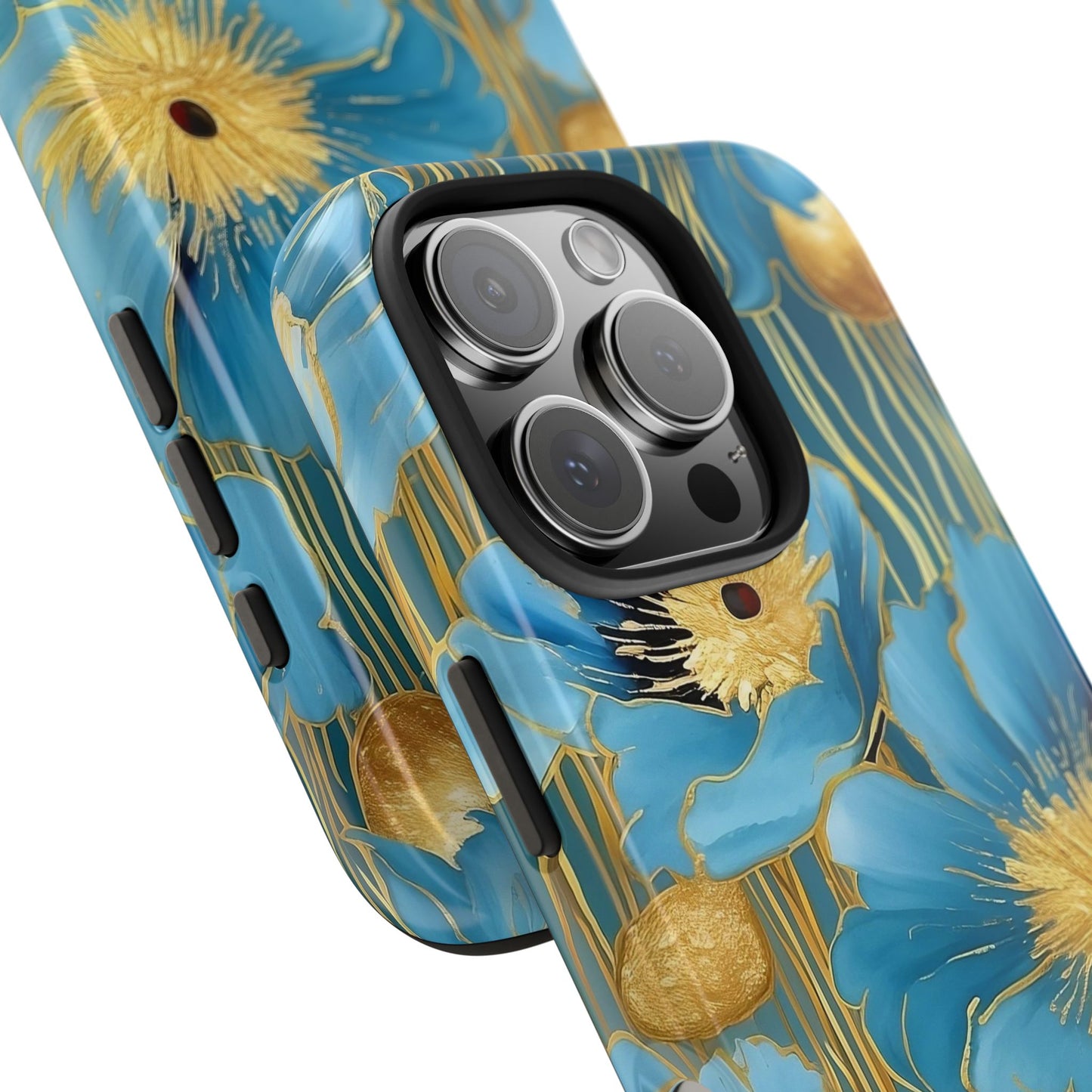 Blue Poppy iPhone 16 Case – Elegant Gold Accent Botanical Design for iPhone 16, 16 Pro, 16 Pro Max & 16 Plus