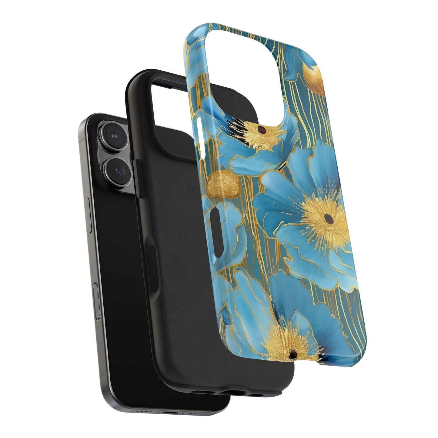 Blue Poppy iPhone 16 Case – Elegant Gold Accent Botanical Design for iPhone 16, 16 Pro, 16 Pro Max & 16 Plus