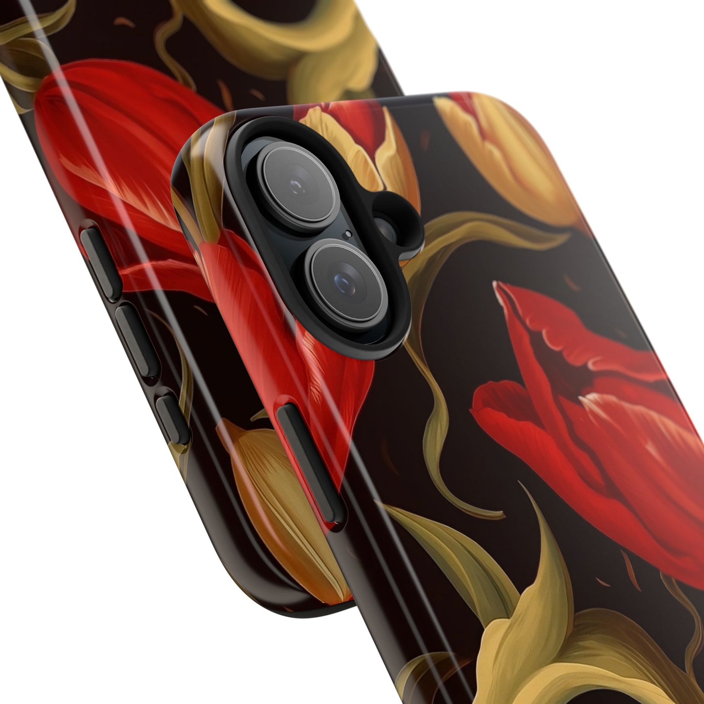 Red Tulip iPhone 16 Case – Elegant Floral Design with Dark Background for iPhone 16, 16 Pro, 16 Pro Max & 16 Plus