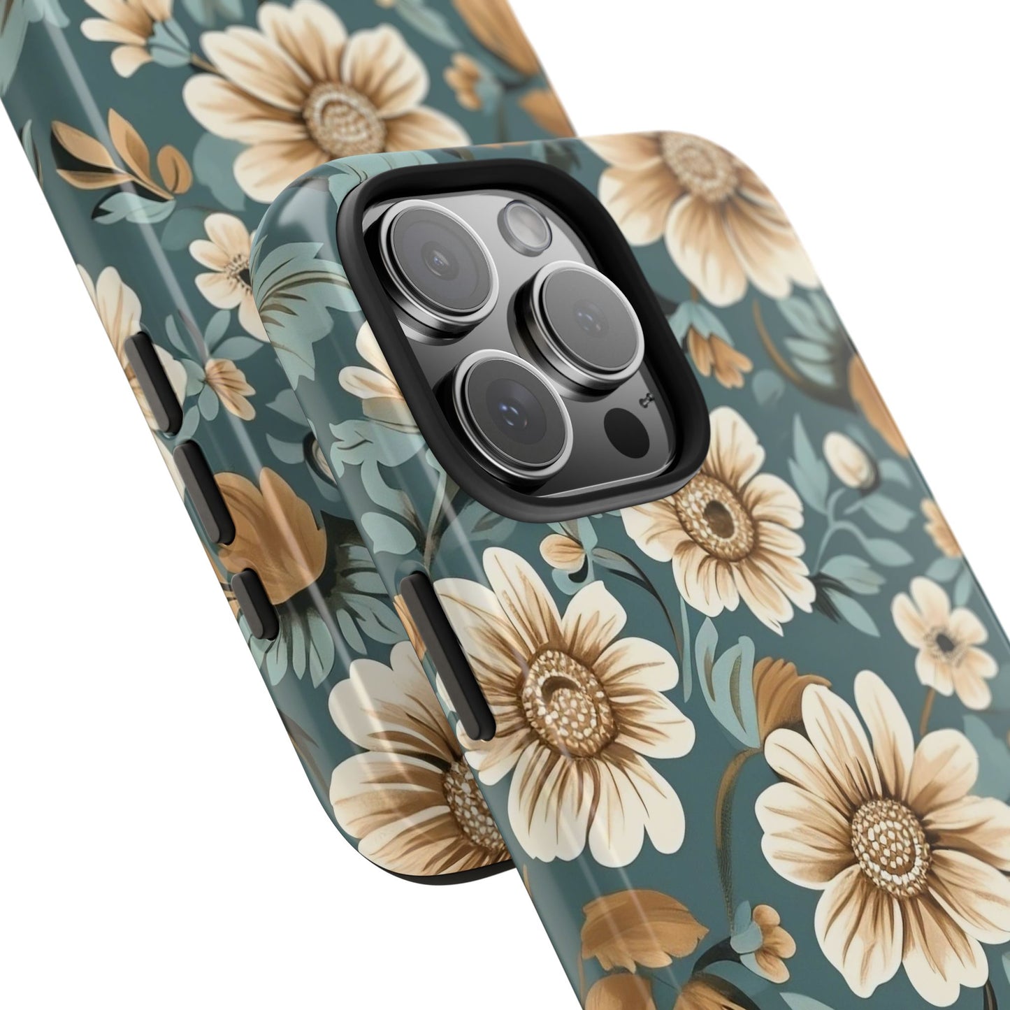 Teal Vintage Floral iPhone 16 Case – Elegant Daisy Retro Design for iPhone 16, 16 Pro, 16 Pro Max & 16 Plus