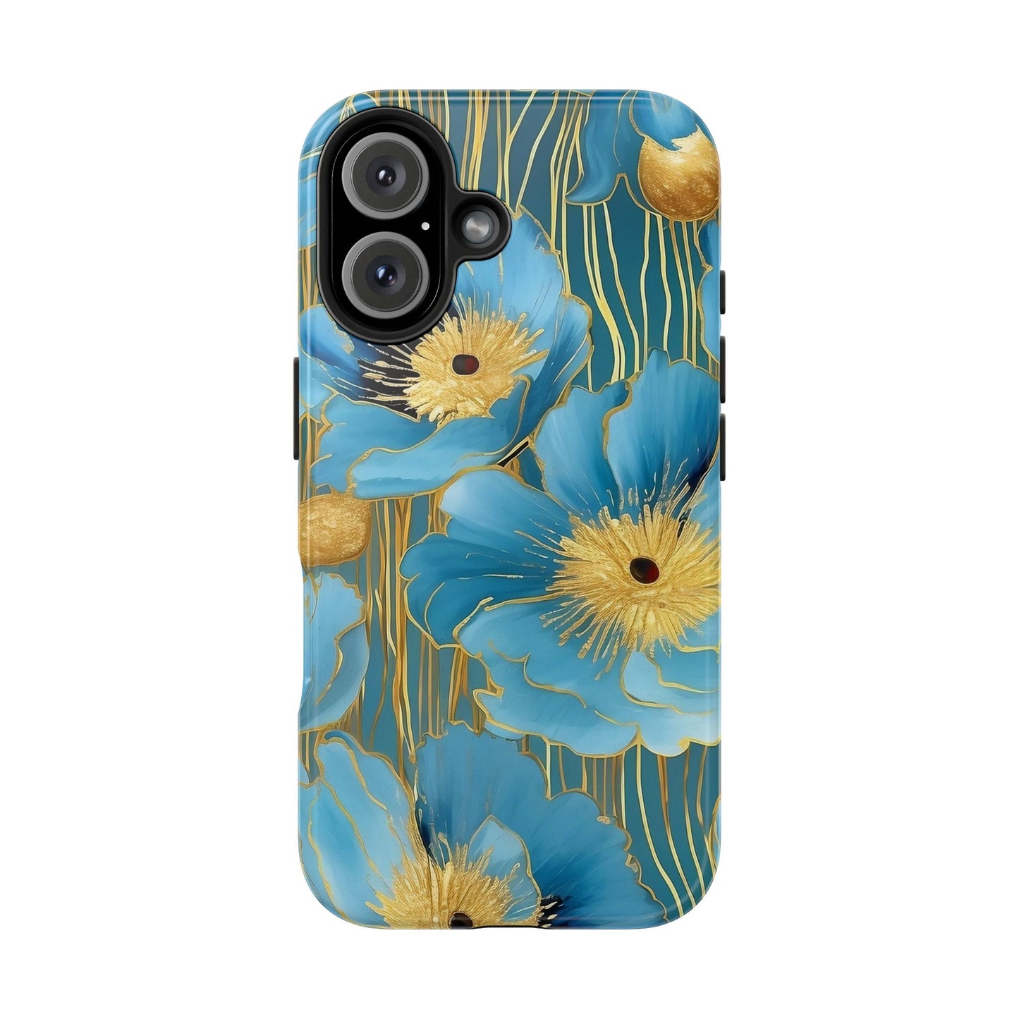 Blue Poppy iPhone 16 Case – Elegant Gold Accent Botanical Design for iPhone 16, 16 Pro, 16 Pro Max & 16 Plus