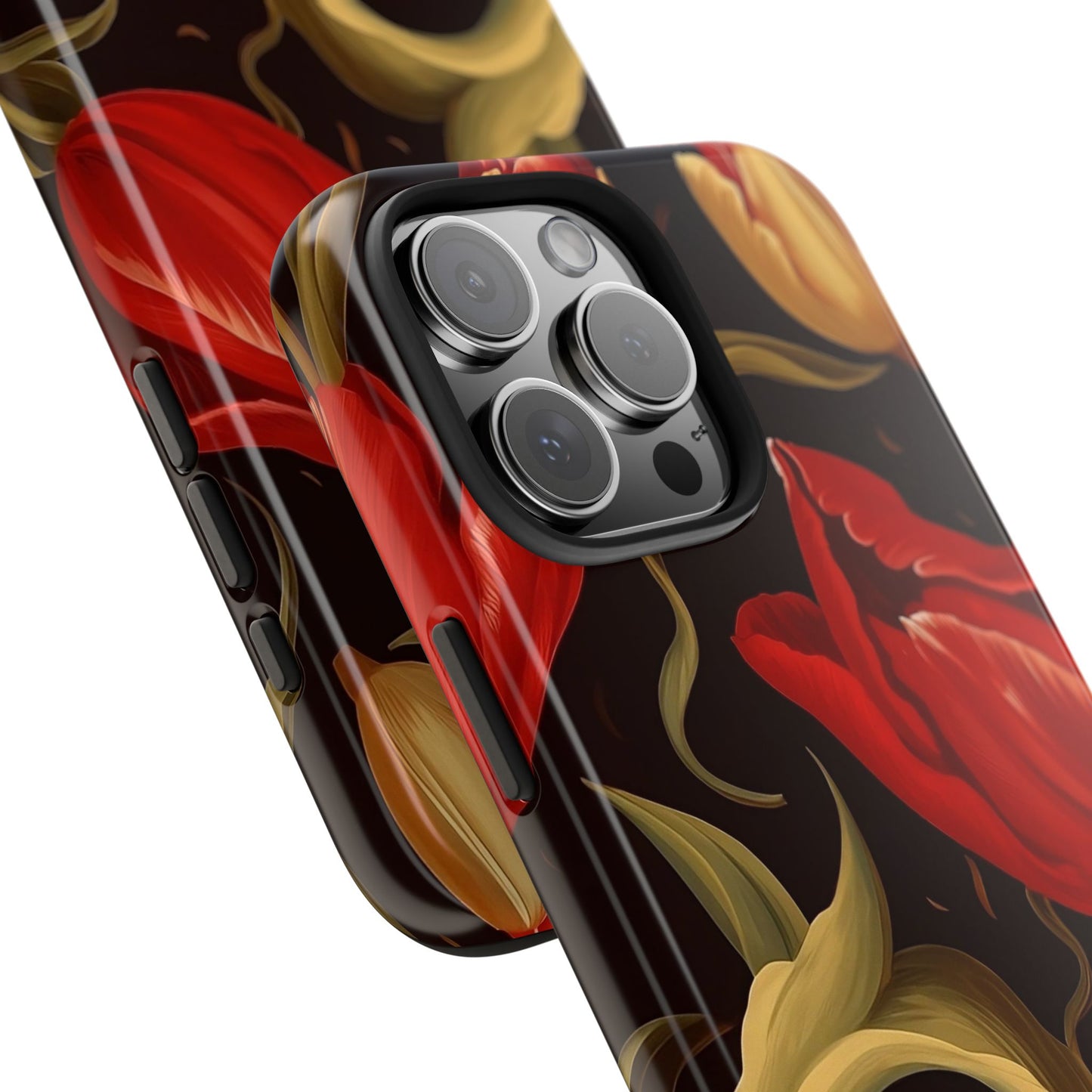 Red Tulip iPhone 16 Case – Elegant Floral Design with Dark Background for iPhone 16, 16 Pro, 16 Pro Max & 16 Plus