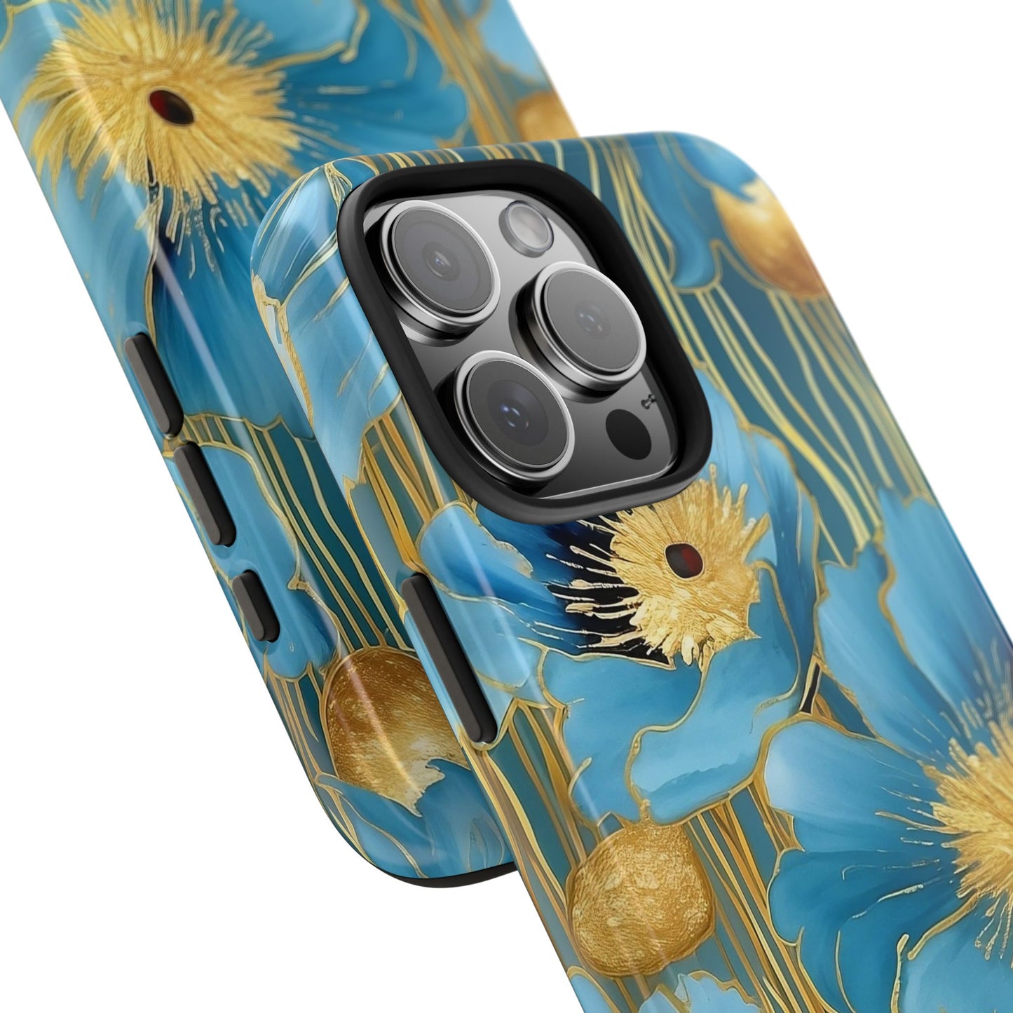 Blue Poppy iPhone 16 Case – Elegant Gold Accent Botanical Design for iPhone 16, 16 Pro, 16 Pro Max & 16 Plus