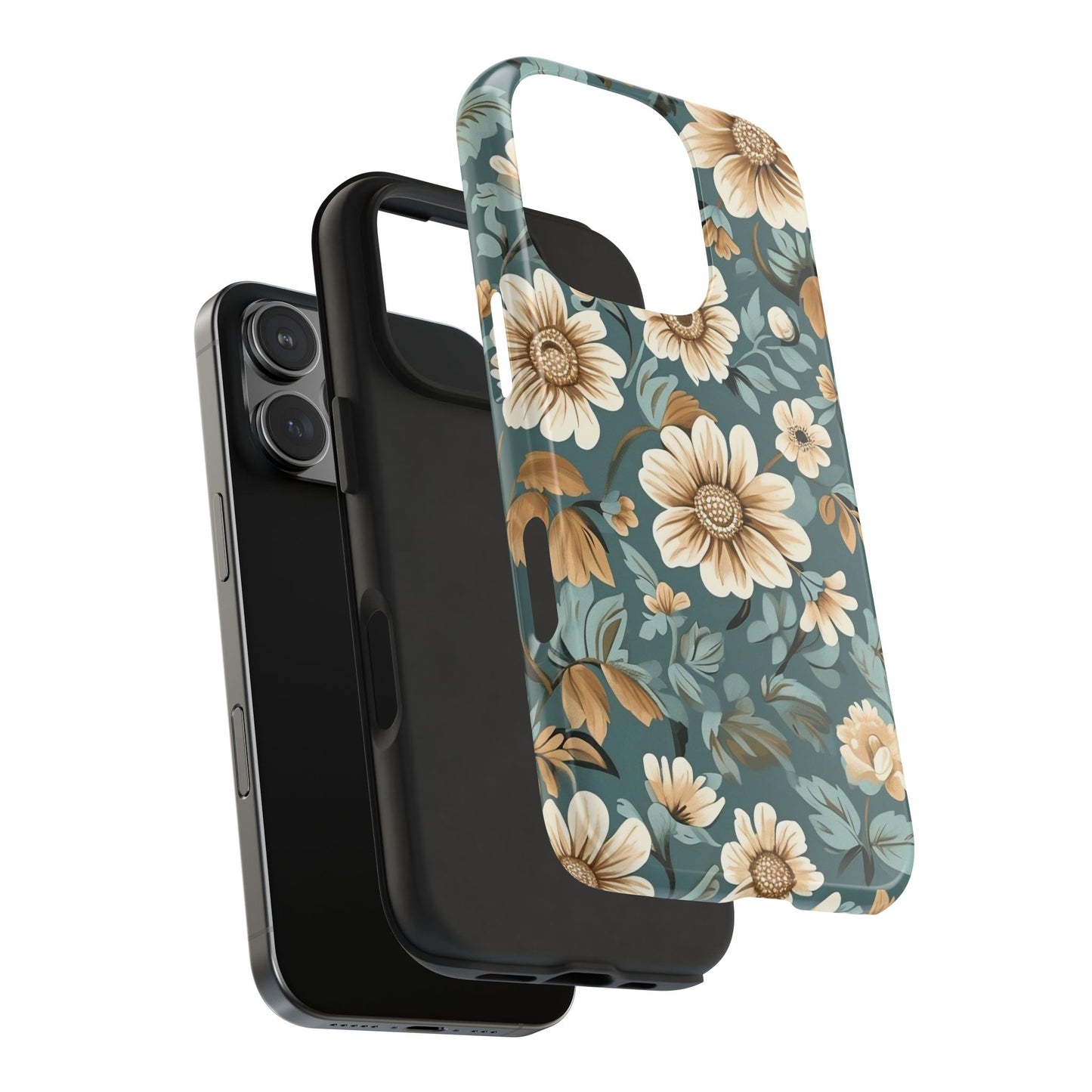 Teal Vintage Floral iPhone 16 Case – Elegant Daisy Retro Design for iPhone 16, 16 Pro, 16 Pro Max & 16 Plus