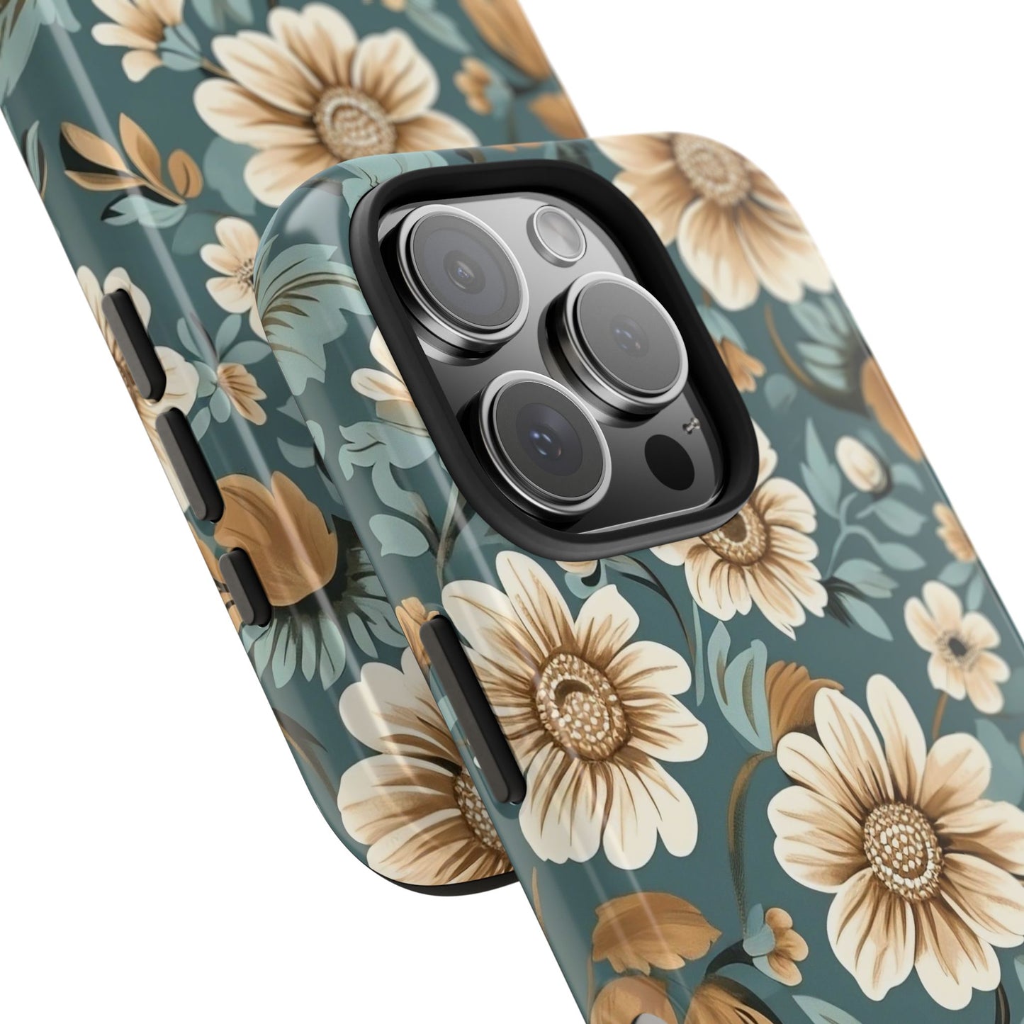 Teal Vintage Floral iPhone 16 Case – Elegant Daisy Retro Design for iPhone 16, 16 Pro, 16 Pro Max & 16 Plus