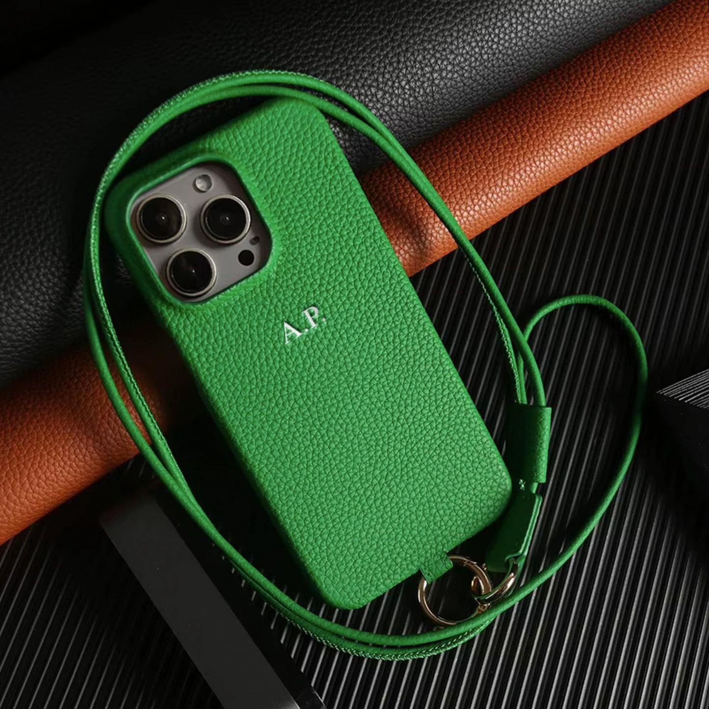 Personalized Leather iPhone Case with Crossbody Strap - Custom Monogram for iPhone 15 Pro Max and iPhone 15 Pro