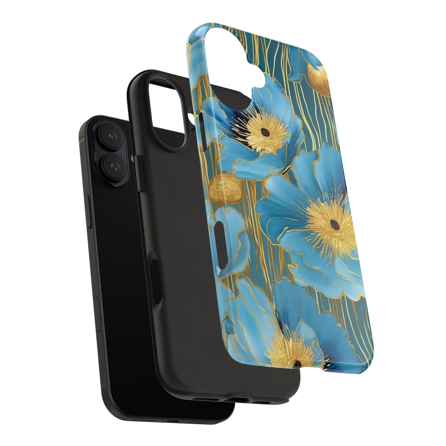 Blue Poppy iPhone 16 Case – Elegant Gold Accent Botanical Design for iPhone 16, 16 Pro, 16 Pro Max & 16 Plus
