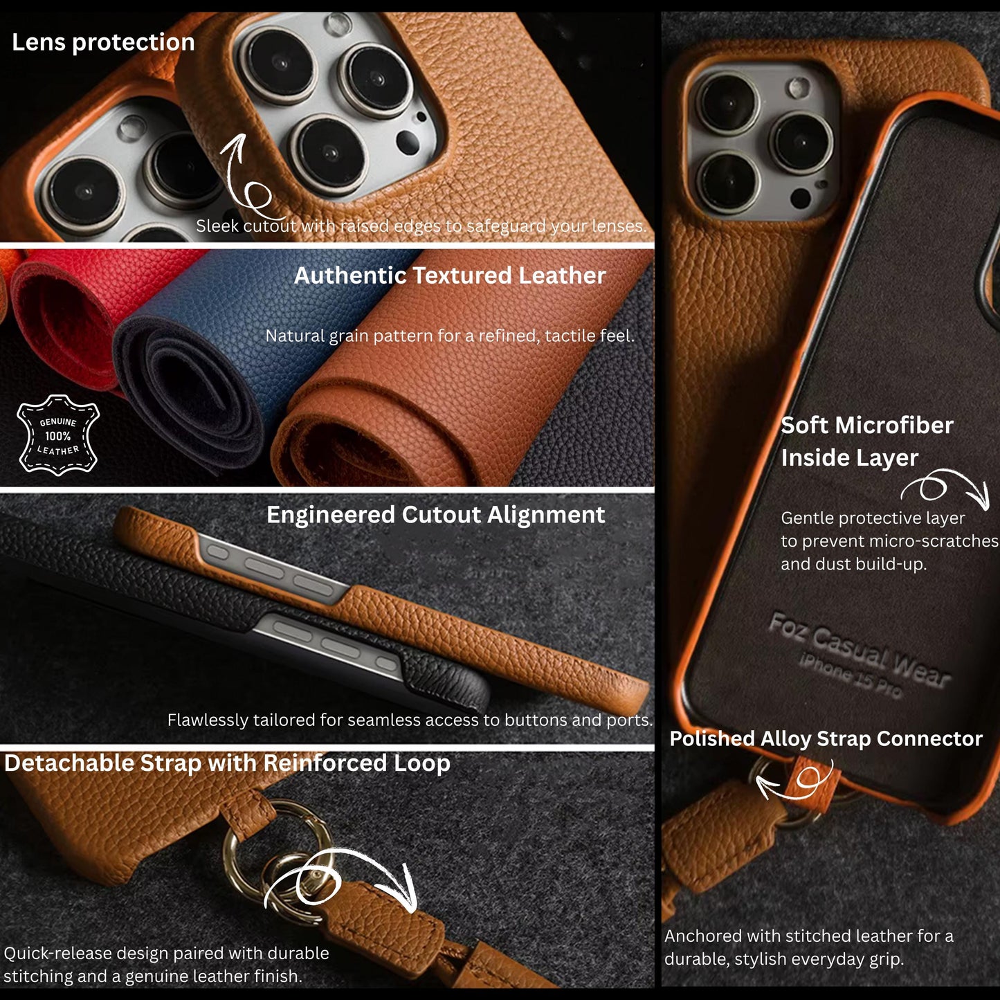 Personalized Leather iPhone Case with Crossbody Strap - Custom Monogram for iPhone 15 Pro Max and iPhone 15 Pro