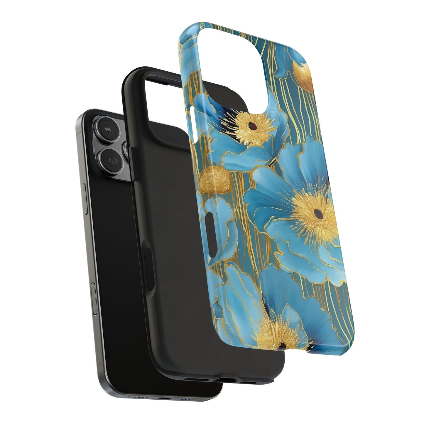 Blue Poppy iPhone 16 Case – Elegant Gold Accent Botanical Design for iPhone 16, 16 Pro, 16 Pro Max & 16 Plus