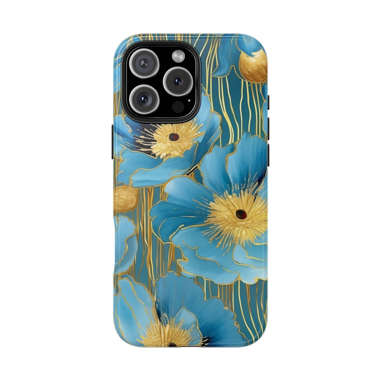 Blue Poppy iPhone 16 Case – Elegant Gold Accent Botanical Design for iPhone 16, 16 Pro, 16 Pro Max & 16 Plus