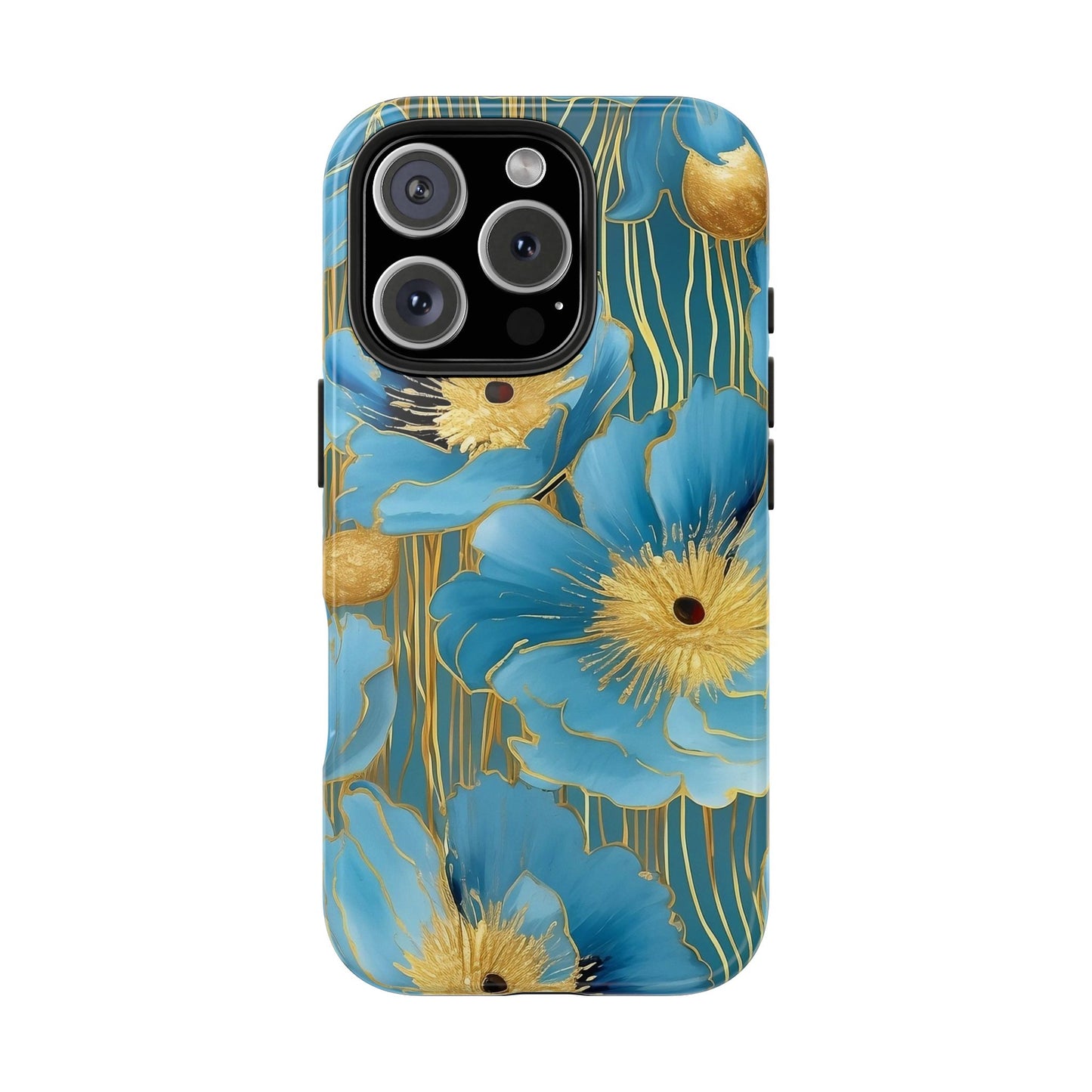 Blue Poppy iPhone 16 Case – Elegant Gold Accent Botanical Design for iPhone 16, 16 Pro, 16 Pro Max & 16 Plus