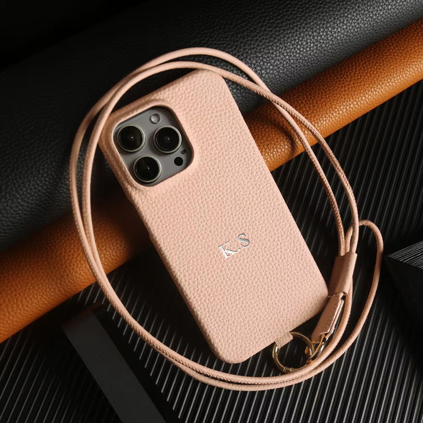 Personalized Leather iPhone Case with Crossbody Strap - Custom Monogram for iPhone 15 Pro Max and iPhone 15 Pro