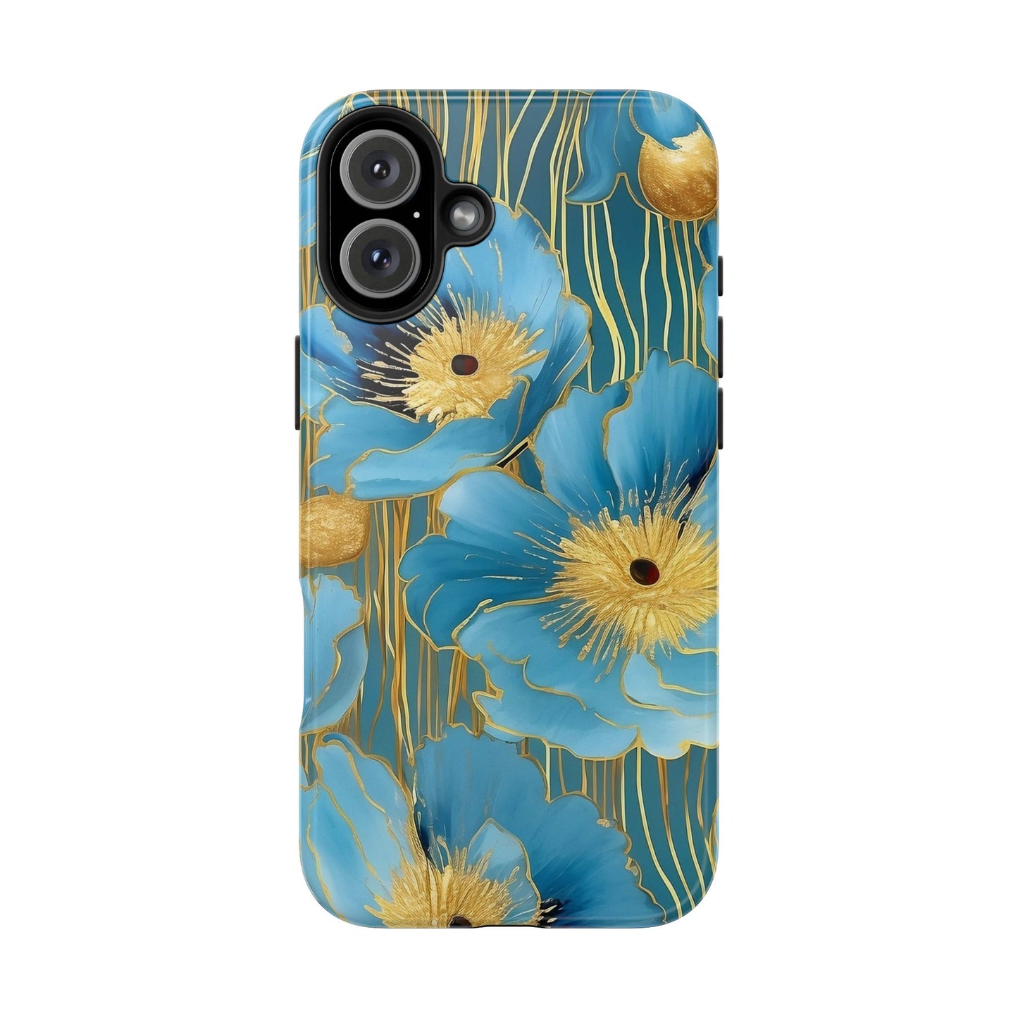 Blue Poppy iPhone 16 Case – Elegant Gold Accent Botanical Design for iPhone 16, 16 Pro, 16 Pro Max & 16 Plus