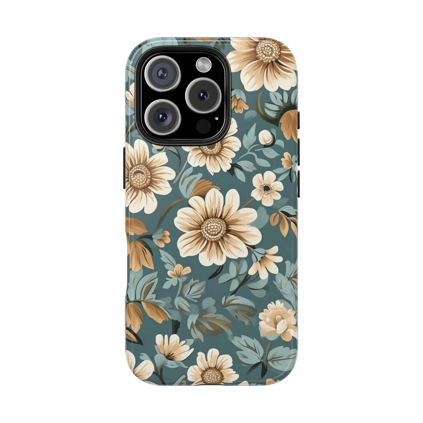 Teal Vintage Floral iPhone 16 Case – Elegant Daisy Retro Design for iPhone 16, 16 Pro, 16 Pro Max & 16 Plus