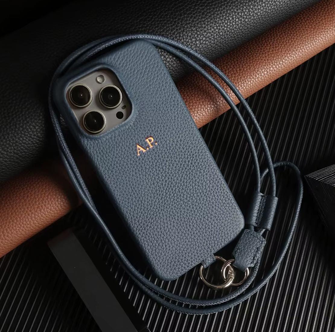 Personalized Leather iPhone Case with Crossbody Strap - Custom Monogram for iPhone 15 Pro Max and iPhone 15 Pro