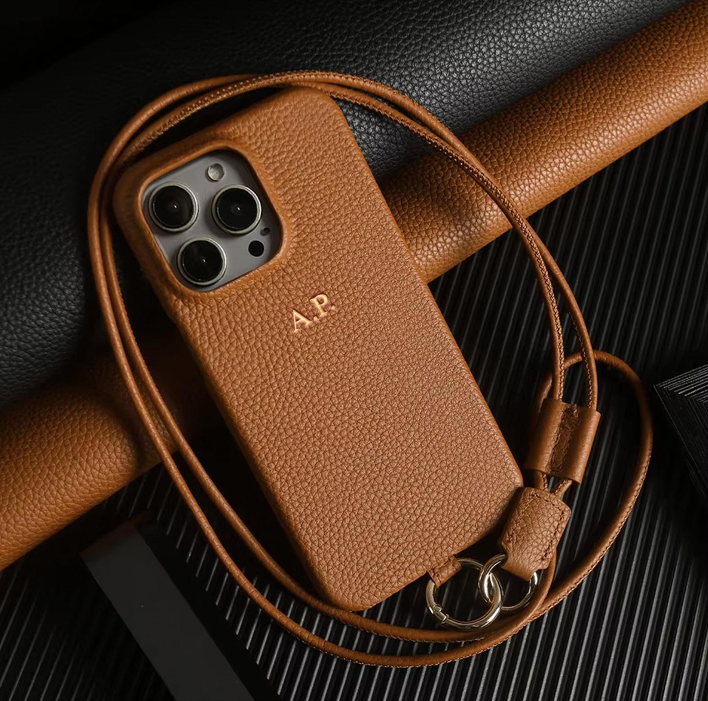 Personalized Leather iPhone Case with Crossbody Strap - Custom Monogram for iPhone 15 Pro Max and iPhone 15 Pro
