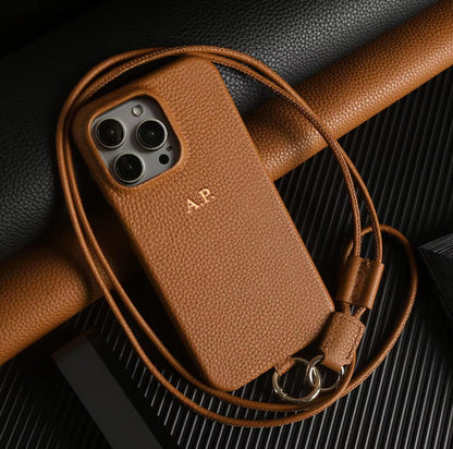 Personalized Leather iPhone Case with Crossbody Strap - Custom Monogram for iPhone 16 Pro Max and iPhone 16 Pro