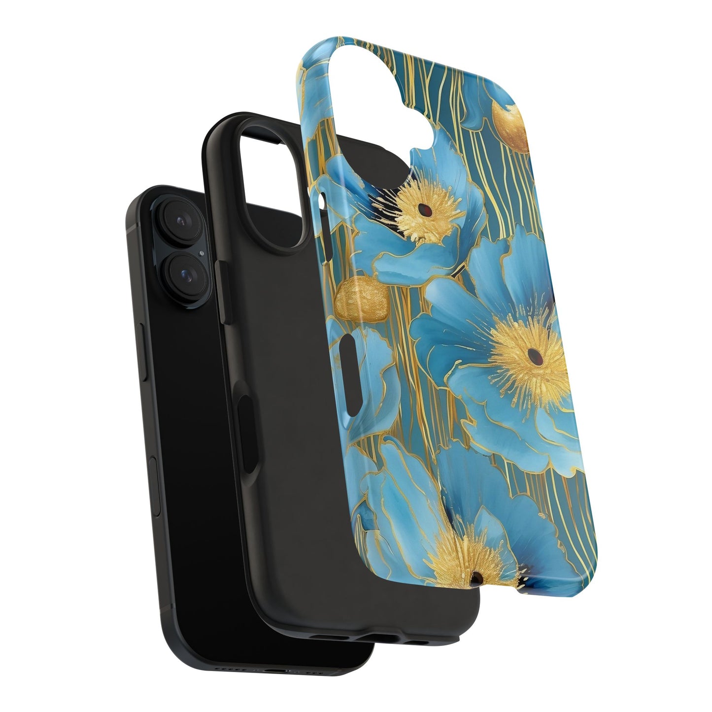 Blue Poppy iPhone 16 Case – Elegant Gold Accent Botanical Design for iPhone 16, 16 Pro, 16 Pro Max & 16 Plus