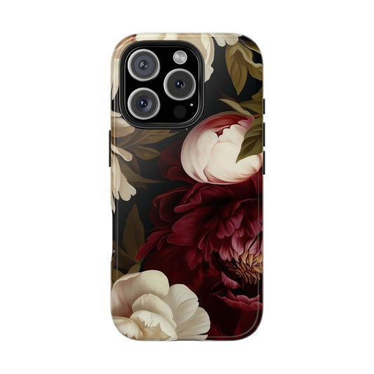 Dark Peony Floral iPhone 16 Case – Elegant Burgundy Botanical Design for iPhone 16, 16 Pro, 16 Pro Max & 16 Plus