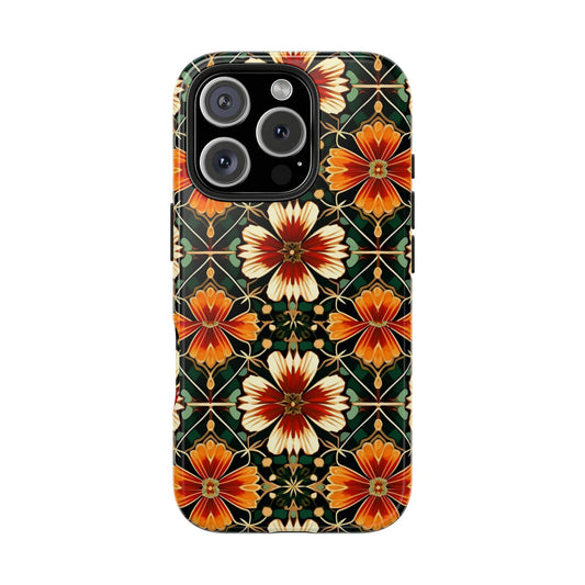 Vintage Floral Tile iPhone 16 Case – Boho Orange & Red Pattern for iPhone 16, 16 Pro, 16 Pro Max & 16 Plus