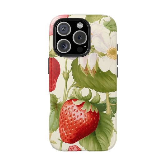 Strawberry Blossom iPhone 16 Case – Cute Botanical Fruit & Floral Design for iPhone 16, 16 Pro, 16 Pro Max & 16 Plus