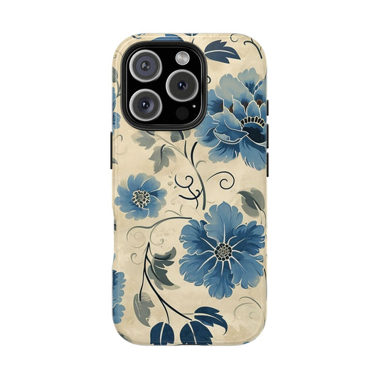 Blue Floral iPhone 16 Case – Vintage Botanical Design for iPhone 16, 16 Pro, 16 Pro Max & 16 Plus