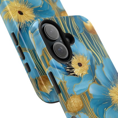 Blue Poppy iPhone 16 Case – Elegant Gold Accent Botanical Design for iPhone 16, 16 Pro, 16 Pro Max & 16 Plus