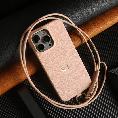 Personalized Leather iPhone Case with Crossbody Strap - Custom Monogram for iPhone 15 Pro Max and iPhone 15 Pro