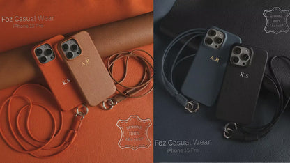 Personalized Leather iPhone Case with Crossbody Strap - Custom Monogram for iPhone 16 Pro Max and iPhone 16 Pro